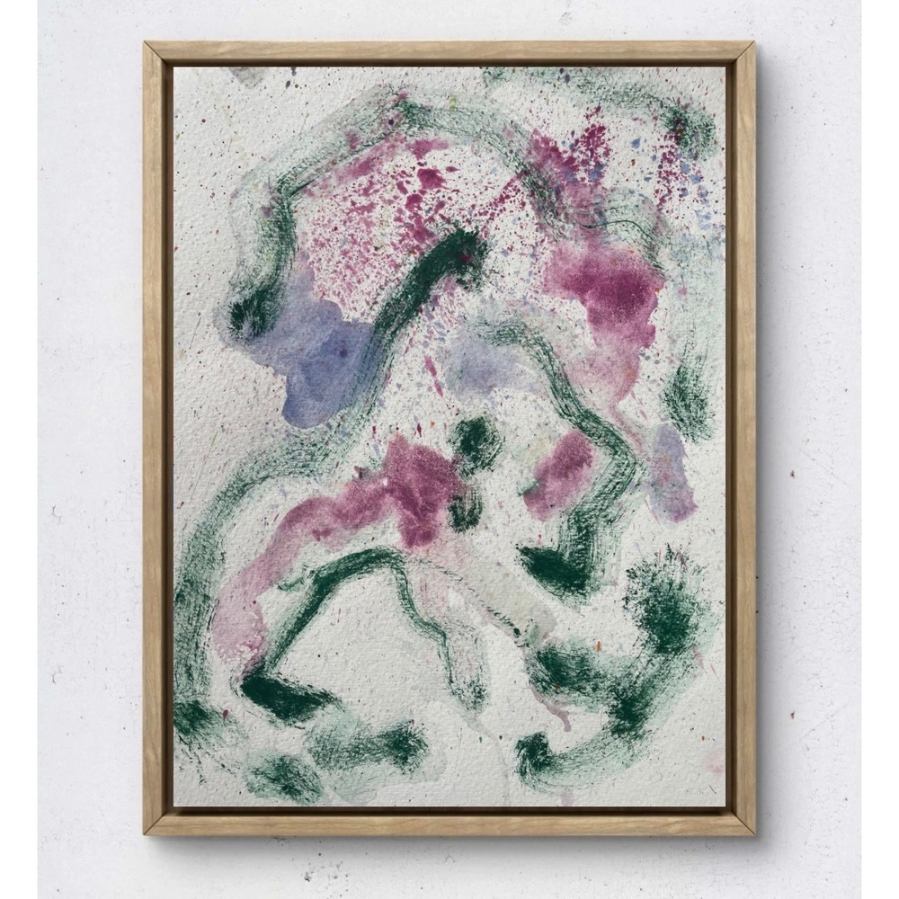 Original Abstract Spiritual Painting Green Purple Mixed Media on Paper 9x12 Zen